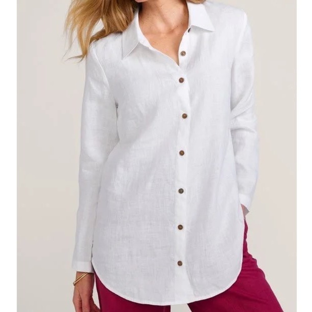Soft Surroundings White 100% Linen Button Down Shirt Tunic Style minimalist zz
